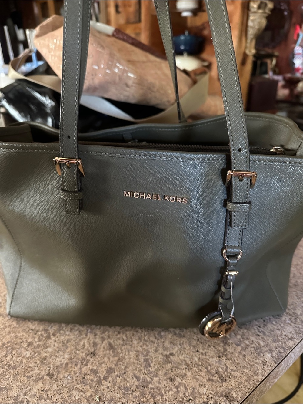 Michael Kors Olive Green Saffiano Leather Tote with Gold Hardware